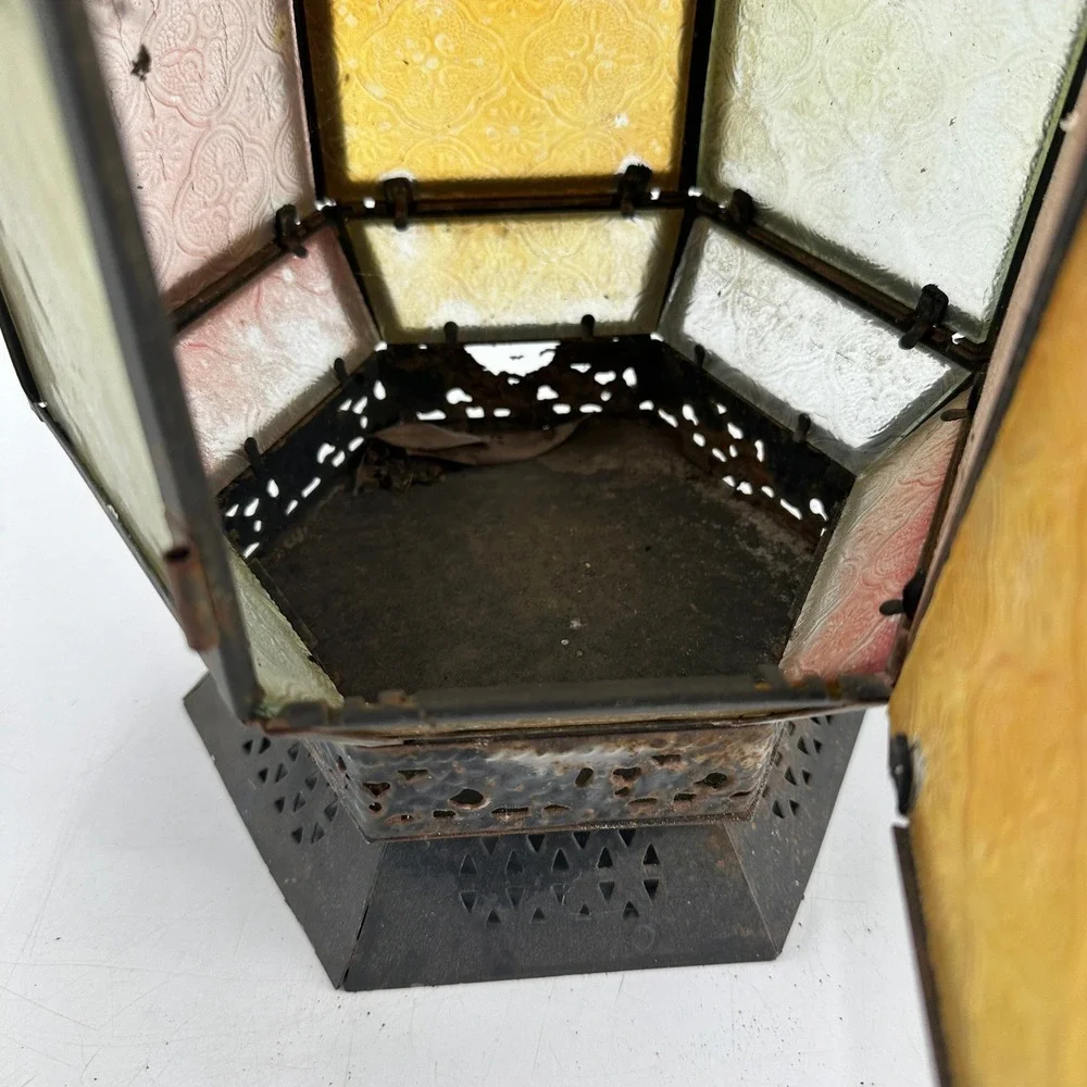 Vintage Moroccan Style Metal Glass Lantern Rusted Patina Amber Green Red Hexagon